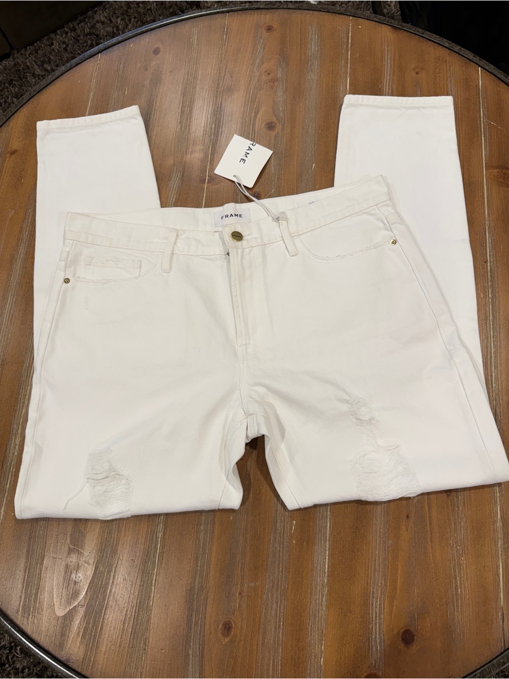 Frame Le Garçon White Distressed Denim Mid Rise Straight Fit Women's Size 29 NWT
